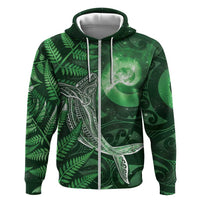 New Zealand Matariki Zip Hoodie Maori Koru With Humpback Whale Green LT05 Zip Hoodie Green - Polynesian Pride