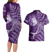 New Zealand Matariki Couples Matching Long Sleeve Bodycon Dress and Hawaiian Shirt Maori Koru With Humpback Whale Purple