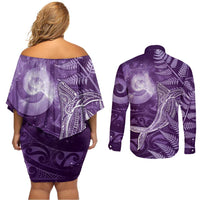 New Zealand Matariki Couples Matching Off Shoulder Short Dress and Long Sleeve Button Shirt Maori Koru With Humpback Whale Purple