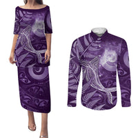 New Zealand Matariki Couples Matching Puletasi and Long Sleeve Button Shirt Maori Koru With Humpback Whale Purple