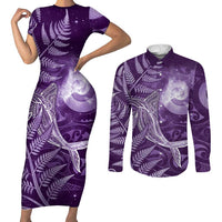 New Zealand Matariki Couples Matching Short Sleeve Bodycon Dress and Long Sleeve Button Shirt Maori Koru With Humpback Whale Purple