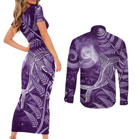 New Zealand Matariki Couples Matching Short Sleeve Bodycon Dress and Long Sleeve Button Shirt Maori Koru With Humpback Whale Purple