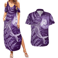 New Zealand Matariki Couples Matching Summer Maxi Dress and Hawaiian Shirt Maori Koru With Humpback Whale Purple