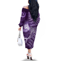 New Zealand Matariki Family Matching Off The Shoulder Long Sleeve Dress and Hawaiian Shirt Maori Koru With Humpback Whale Purple