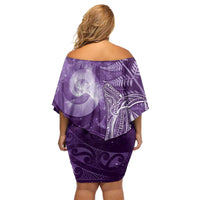 New Zealand Matariki Family Matching Off Shoulder Short Dress and Hawaiian Shirt Maori Koru With Humpback Whale Purple