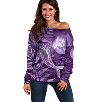 New Zealand Matariki Off Shoulder Sweater Maori Koru With Humpback Whale Purple LT05 Women Purple - Polynesian Pride