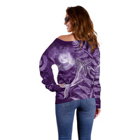 New Zealand Matariki Off Shoulder Sweater Maori Koru With Humpback Whale Purple LT05 - Polynesian Pride