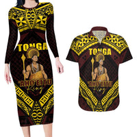 Tonga First King Couples Matching Long Sleeve Bodycon Dress and Hawaiian Shirt Ahoeitu Know Your Roots LT05 Maroon - Polynesian Pride