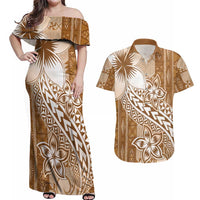 Tonga Kupesi Ngatu Couples Matching Off Shoulder Maxi Dress and Hawaiian Shirt Vintage Brown Plumeria