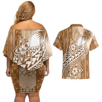 Tonga Kupesi Ngatu Couples Matching Off Shoulder Short Dress and Hawaiian Shirt Vintage Brown Plumeria