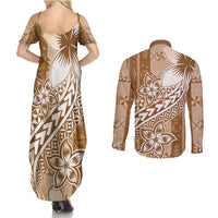Tonga Kupesi Ngatu Couples Matching Summer Maxi Dress and Long Sleeve Button Shirt Vintage Brown Plumeria