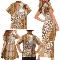 Tonga Kupesi Ngatu Family Matching Short Sleeve Bodycon Dress and Hawaiian Shirt Vintage Brown Plumeria