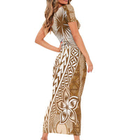 Tonga Kupesi Ngatu Family Matching Short Sleeve Bodycon Dress and Hawaiian Shirt Vintage Brown Plumeria