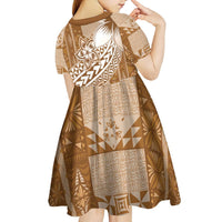 Tonga Kupesi Ngatu Kid Short Sleeve Dress Vintage Brown Plumeria LT05 - Polynesian Pride