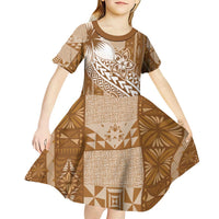 Tonga Kupesi Ngatu Kid Short Sleeve Dress Vintage Brown Plumeria LT05 - Polynesian Pride
