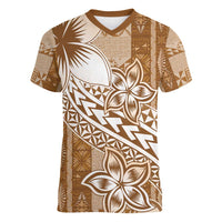 Tonga Kupesi Ngatu Women V-Neck T-Shirt Vintage Brown Plumeria