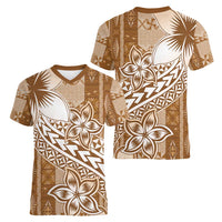 Tonga Kupesi Ngatu Women V-Neck T-Shirt Vintage Brown Plumeria