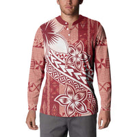 Tonga Kupesi Ngatu Button Sweatshirt Vintage Red Plumeria LT05 - Polynesian Pride