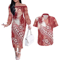 Tonga Kupesi Ngatu Couples Matching Off The Shoulder Long Sleeve Dress and Hawaiian Shirt Vintage Red Plumeria