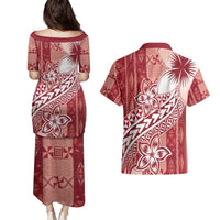 Tonga Kupesi Ngatu Couples Matching Puletasi and Hawaiian Shirt Vintage Red Plumeria LT05 - Polynesian Pride