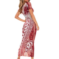 Tonga Kupesi Ngatu Family Matching Short Sleeve Bodycon Dress and Hawaiian Shirt Vintage Red Plumeria
