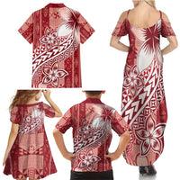 Tonga Kupesi Ngatu Family Matching Summer Maxi Dress and Hawaiian Shirt Vintage Red Plumeria