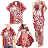 Tonga Kupesi Ngatu Family Matching Tank Maxi Dress and Hawaiian Shirt Vintage Red Plumeria