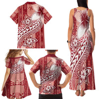 Tonga Kupesi Ngatu Family Matching Tank Maxi Dress and Hawaiian Shirt Vintage Red Plumeria