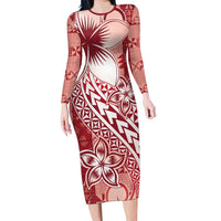 Tonga Kupesi Ngatu Long Sleeve Bodycon Dress Vintage Red Plumeria