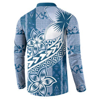 Tonga Kupesi Ngatu Button Sweatshirt Vintage Blue Plumeria LT05 - Polynesian Pride