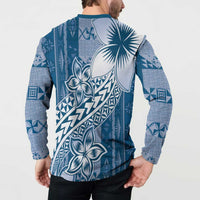 Tonga Kupesi Ngatu Button Sweatshirt Vintage Blue Plumeria LT05 - Polynesian Pride