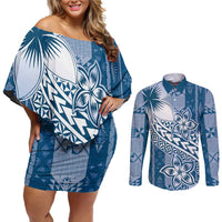 Tonga Kupesi Ngatu Couples Matching Off Shoulder Short Dress and Long Sleeve Button Shirt Vintage Blue Plumeria
