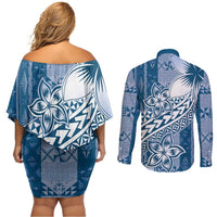Tonga Kupesi Ngatu Couples Matching Off Shoulder Short Dress and Long Sleeve Button Shirt Vintage Blue Plumeria
