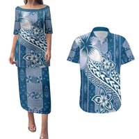 Tonga Kupesi Ngatu Couples Matching Puletasi and Hawaiian Shirt Vintage Blue Plumeria LT05 Blue - Polynesian Pride