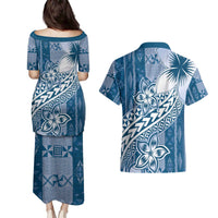 Tonga Kupesi Ngatu Couples Matching Puletasi and Hawaiian Shirt Vintage Blue Plumeria LT05 - Polynesian Pride