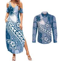 Tonga Kupesi Ngatu Couples Matching Summer Maxi Dress and Long Sleeve Button Shirt Vintage Blue Plumeria LT05 Blue - Polynesian Pride