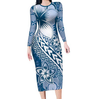 Tonga Kupesi Ngatu Family Matching Long Sleeve Bodycon Dress and Hawaiian Shirt Vintage Blue Plumeria