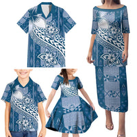 Tonga Kupesi Ngatu Family Matching Puletasi and Hawaiian Shirt Vintage Blue Plumeria