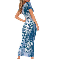 Tonga Kupesi Ngatu Family Matching Short Sleeve Bodycon Dress and Hawaiian Shirt Vintage Blue Plumeria