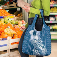 Tonga Kupesi Ngatu Grocery Bag Vintage Blue Plumeria LT05 - Polynesian Pride