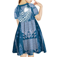 Tonga Kupesi Ngatu Kid Short Sleeve Dress Vintage Blue Plumeria LT05 - Polynesian Pride