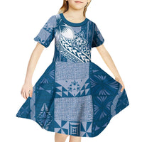 Tonga Kupesi Ngatu Kid Short Sleeve Dress Vintage Blue Plumeria LT05 - Polynesian Pride