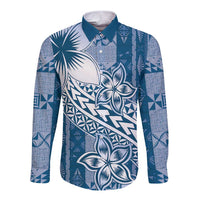 Tonga Kupesi Ngatu Long Sleeve Button Shirt Vintage Blue Plumeria LT05 Unisex Blue - Polynesian Pride