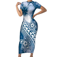 Tonga Kupesi Ngatu Short Sleeve Bodycon Dress Vintage Blue Plumeria