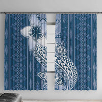 Tonga Kupesi Ngatu Window Curtain Vintage Blue Plumeria LT05 With Hooks Blue - Polynesian Pride