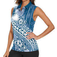 Tonga Kupesi Ngatu Women Sleeveless Polo Shirt Vintage Blue Plumeria