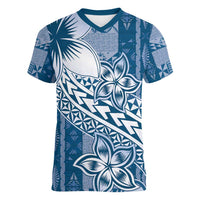 Tonga Kupesi Ngatu Women V-Neck T-Shirt Vintage Blue Plumeria