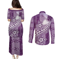 Tonga Kupesi Ngatu Couples Matching Puletasi and Long Sleeve Button Shirt Vintage Purple Plumeria LT05 - Polynesian Pride