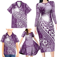 Tonga Kupesi Ngatu Family Matching Long Sleeve Bodycon Dress and Hawaiian Shirt Vintage Purple Plumeria