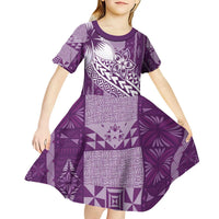 Tonga Kupesi Ngatu Kid Short Sleeve Dress Vintage Purple Plumeria LT05 - Polynesian Pride
